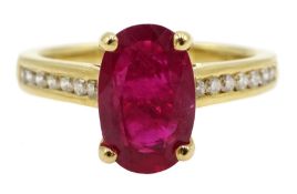 18ct oval ruby ring, with diamond set shoulders, hallmarked, ruby approx 2.40 carat [image code: