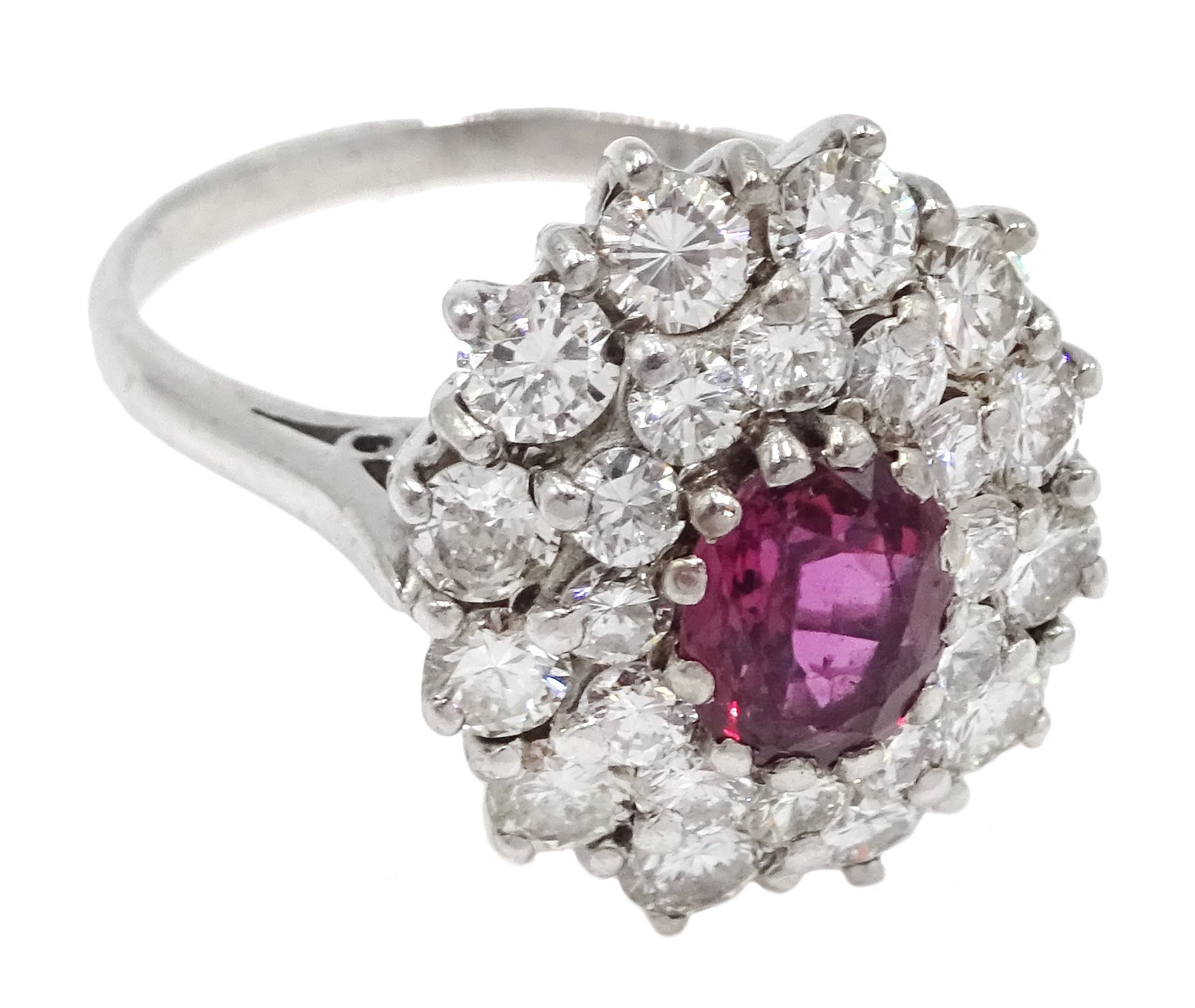 18ct white gold oval ruby and two row, round brilliant cut diamond ring [image code: 4mc] - Image 3 of 4