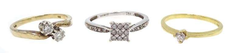 18ct gold single stone diamond ring, 9ct gold two stone diamond cross over ring and 9ct white gold