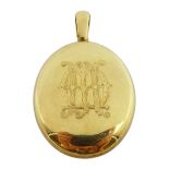 18ct gold oval hinged locket pendant, engraved initials on both sides, stamped 18 makers marks AD