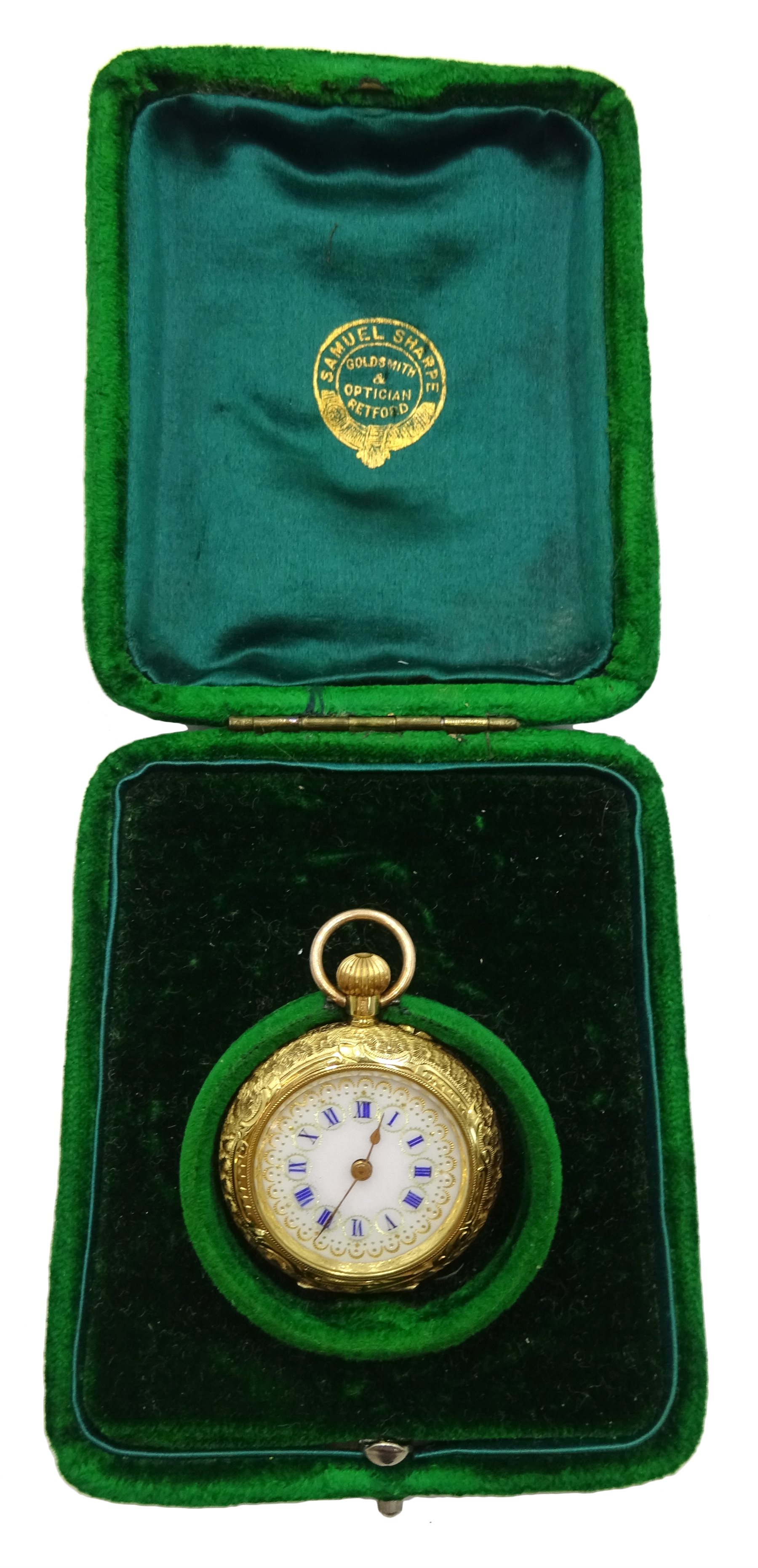 Swiss early 20th century ladies 18ct gold fob watch, the back case decorated with enamelled doves, - Image 4 of 5