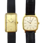 Omega De Ville gentleman's quartz gold-plated wristwatch on leather strap, boxed with papers and on