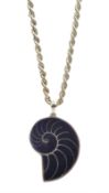 Silver mounted ammonite pendant, on silver rope twist necklace stamped 925