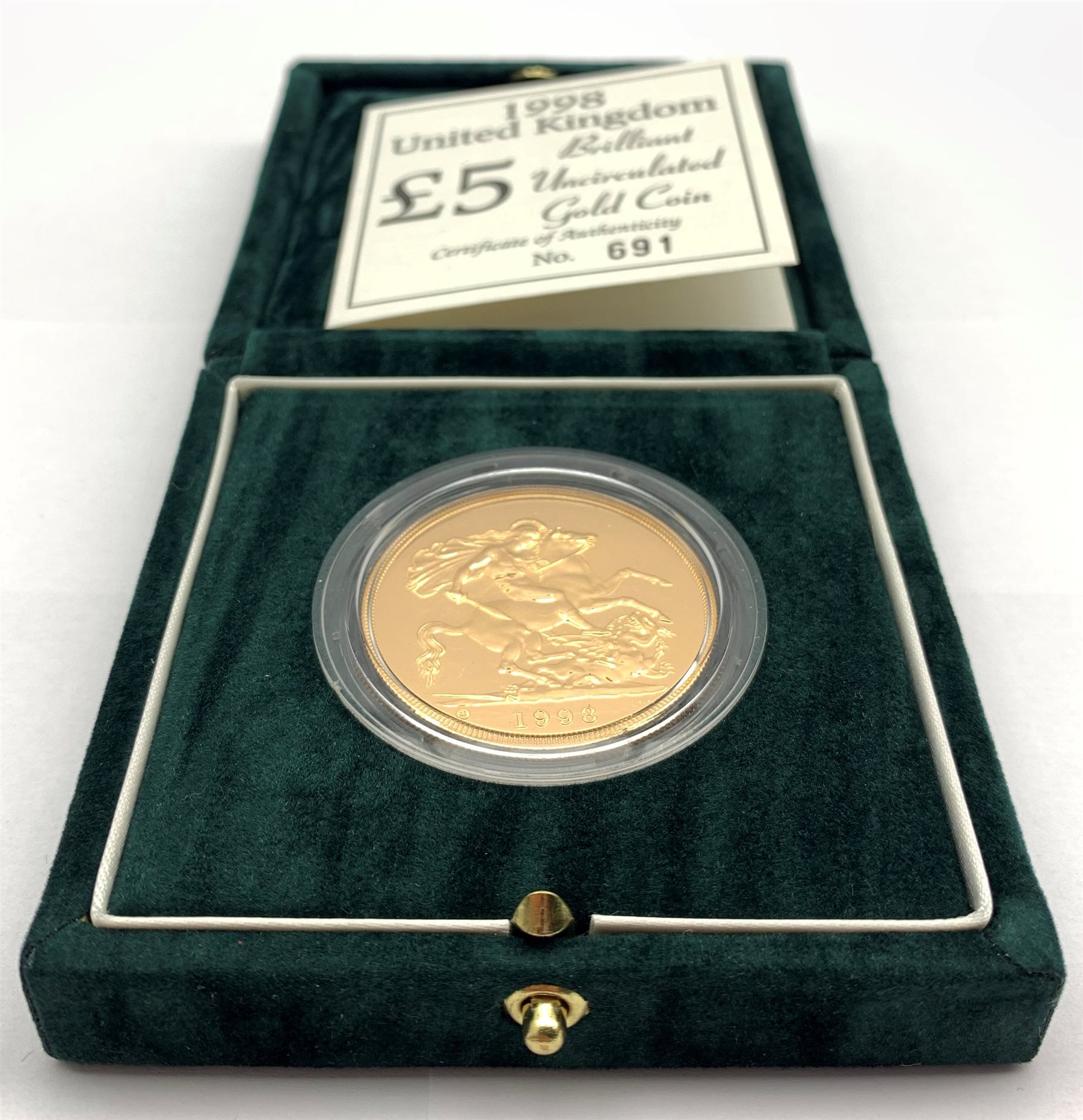 Queen Elizabeth II 1998 brilliant uncirculated gold five pound coin, cased with certificate