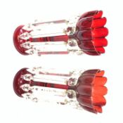 A pair of red glass lustres, each supporting ten clear cut glass droppers (one restored), together w
