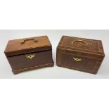 Two late 18th century tea caddies, the first an oak example with bracket feet and brass carry handl