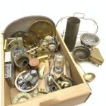 A group of assorted silver plate, together with a group of assorted brass ware.