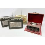 A Vintage cased Oliver typewriter, together with three vintage radios, two marked Hacker, the other