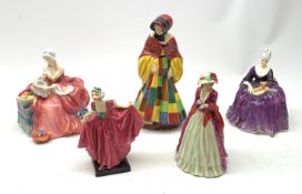 A group of five Royal Doulton figurines, comprising The Parsons Daughter HN564, (a/f), Delight HN17