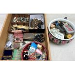 Large assortment of costume jewellery and sewing accessories including some gold, watches, pin cush