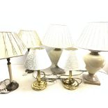 Three pairs of table lamps, the largest cream crackle glaze pair of baluster form, including shade