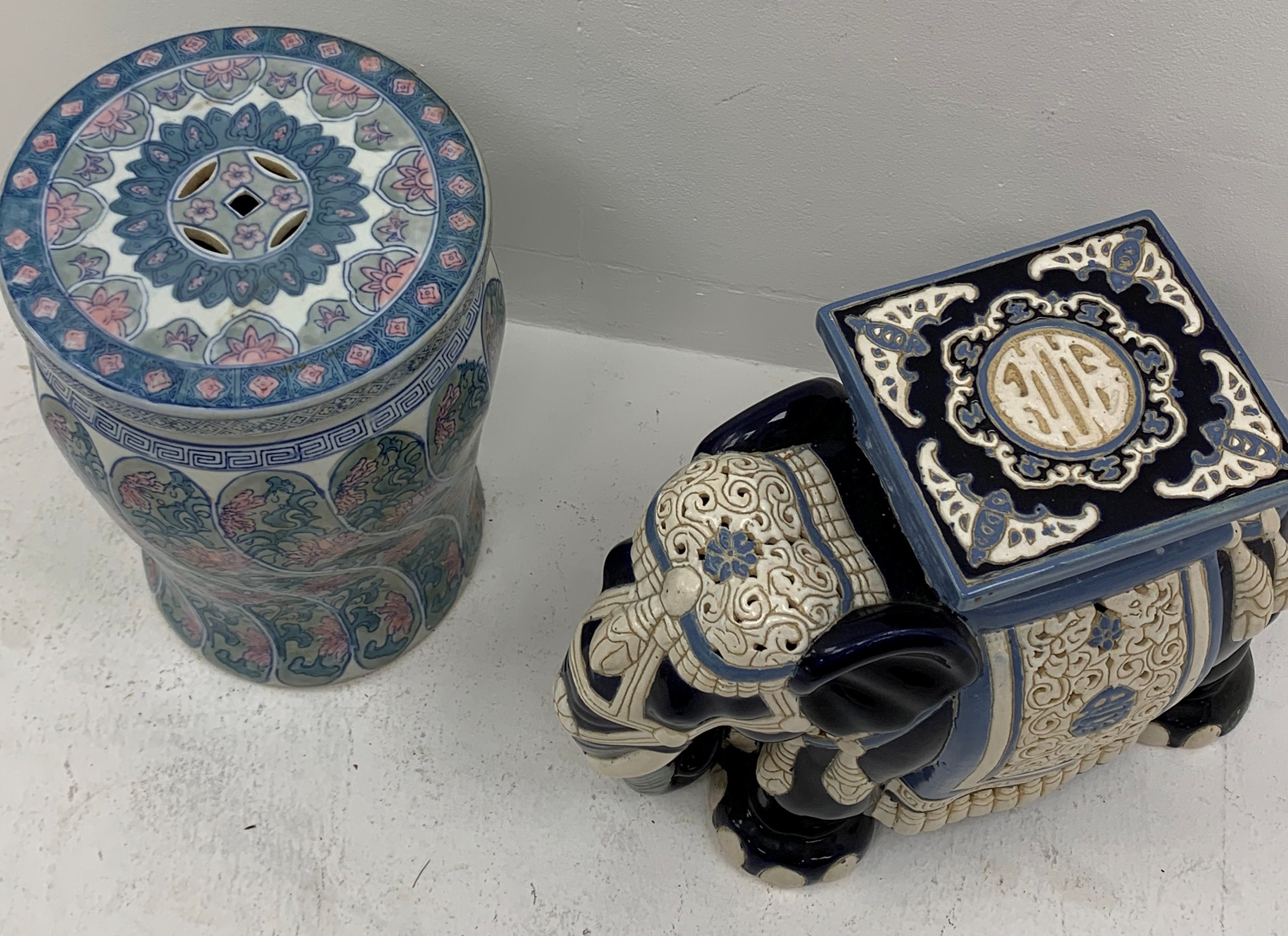 A Chinese garden seat, of baluster form with circular top, decorated with pink and blue stylised ban - Image 2 of 2