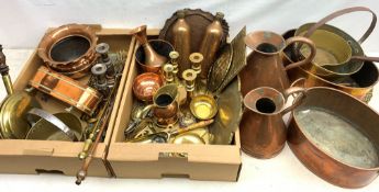 A collection of assorted copper and brass, to include an oval planter with twin lion mask carry han