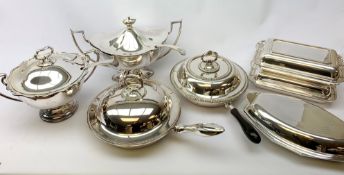 A selection of silver plate, comprising two large pedestal tureen and covers with ladles, two twin