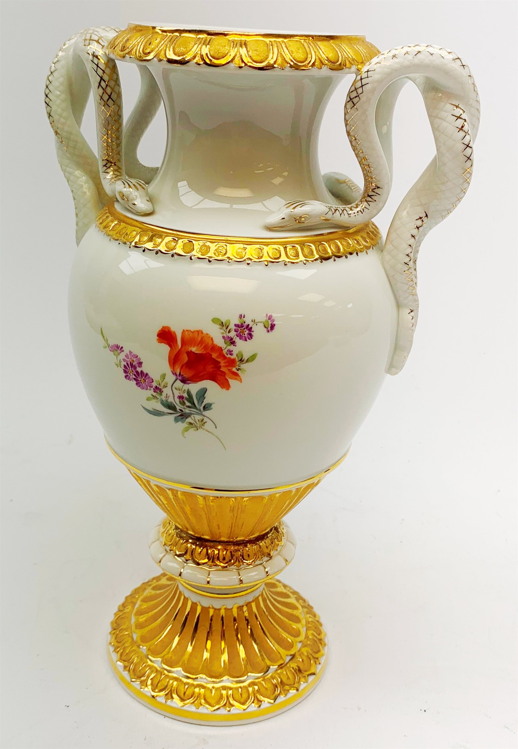 A Meissen twin handled vase, of baluster form with waisted neck, serpent modelled handles, and rais - Image 6 of 14