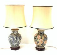 Two Oriental table lamps, each of bulbous form, the first example decorated with pink blossoming flo