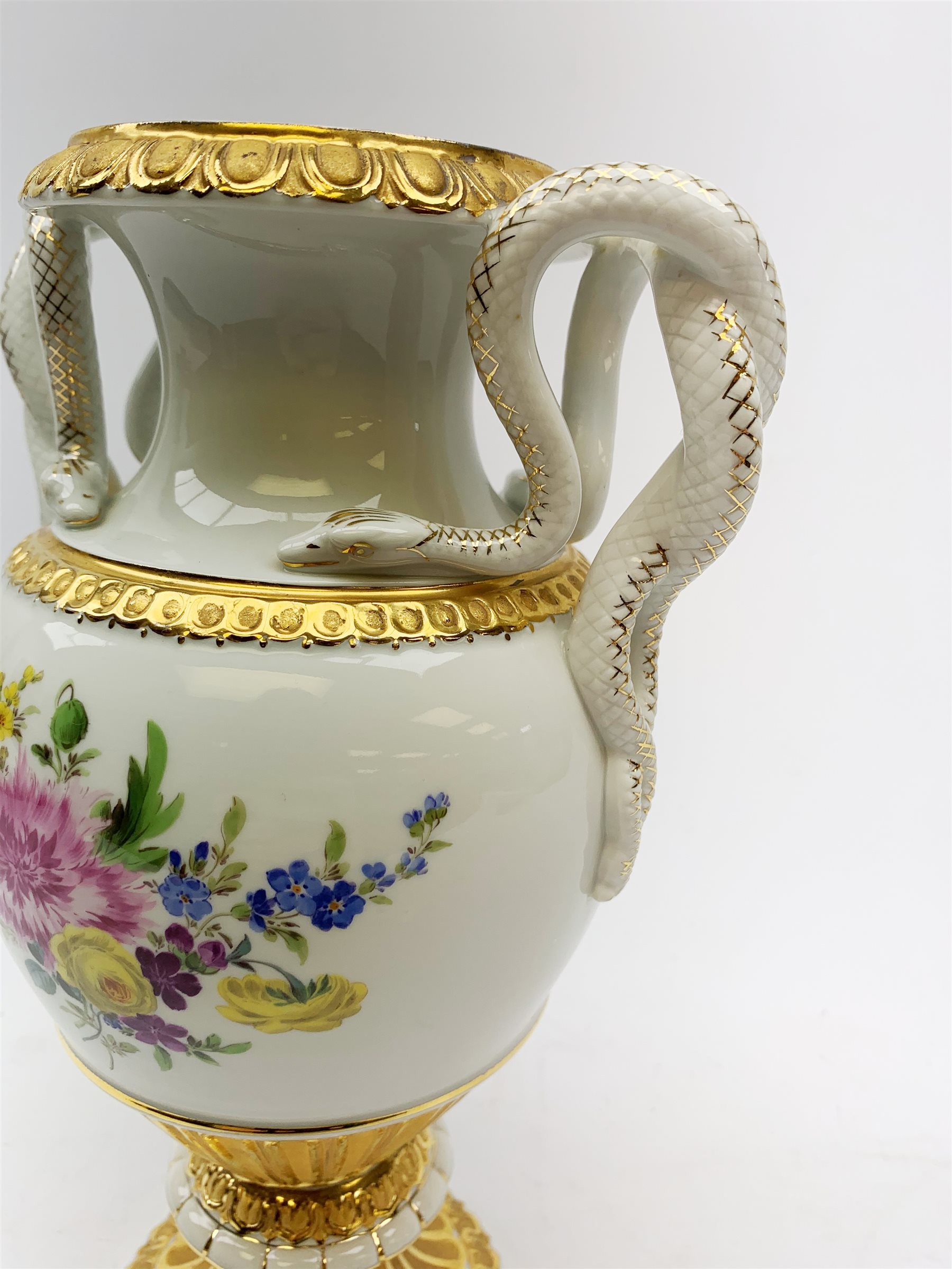 A Meissen twin handled vase, of baluster form with waisted neck, serpent modelled handles, and rais - Image 4 of 14