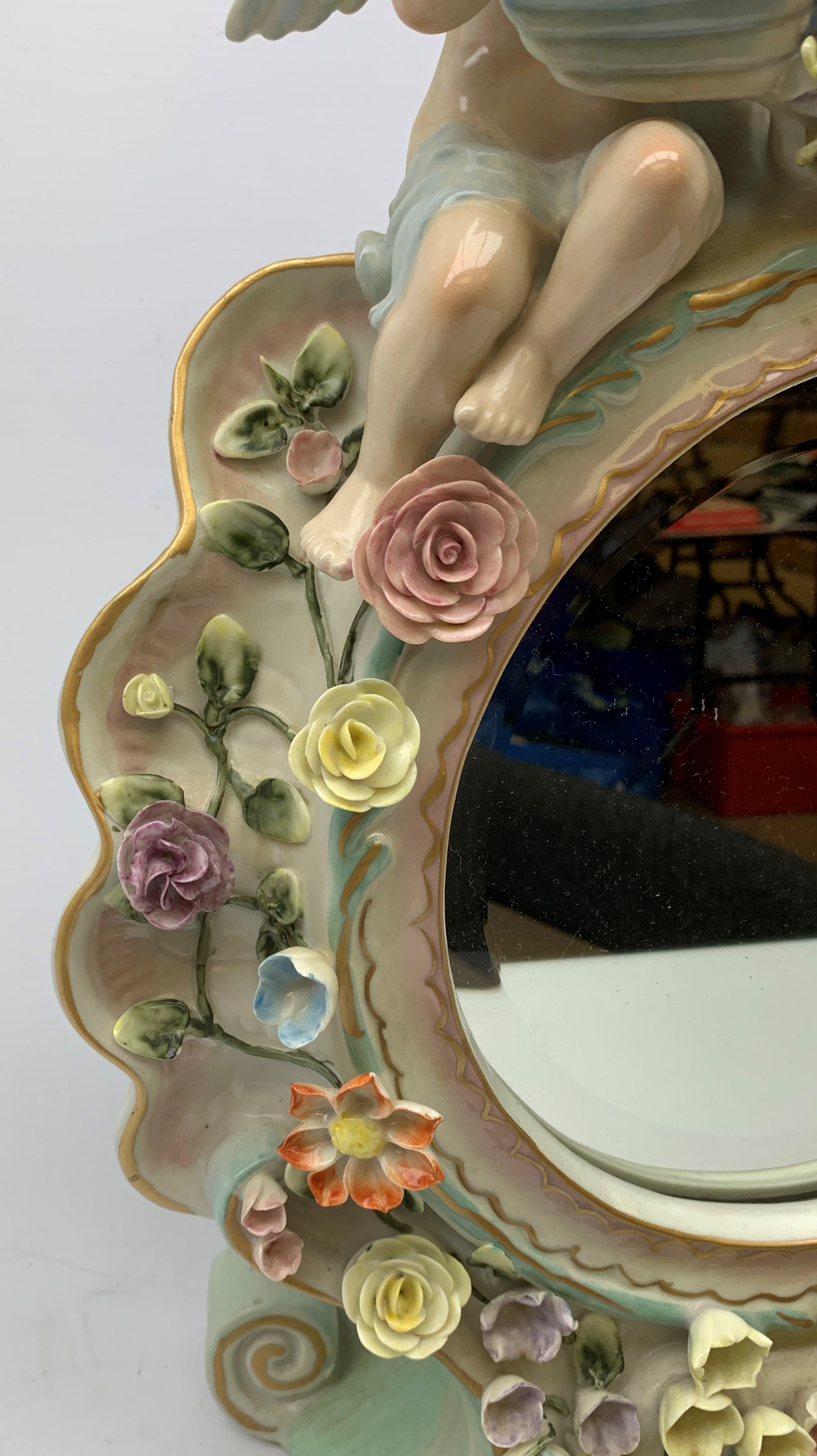 A late 19th century Sitzendorf porcelain mirror, the mirror plate of circular form set within a sha - Image 5 of 13