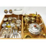 A group of silver plate, brass and other metal ware, to include a foliate chased tureen and cover, p