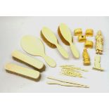 A selection of assorted ivory and bone items, to include a Japanese okimono modelled as a sage, four