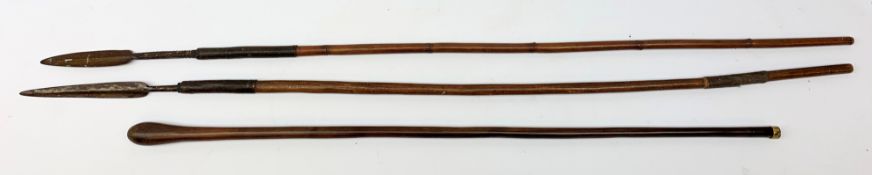 Two tribal hunting spears, one example with bamboo cane, each approx L111cm, together with a club.