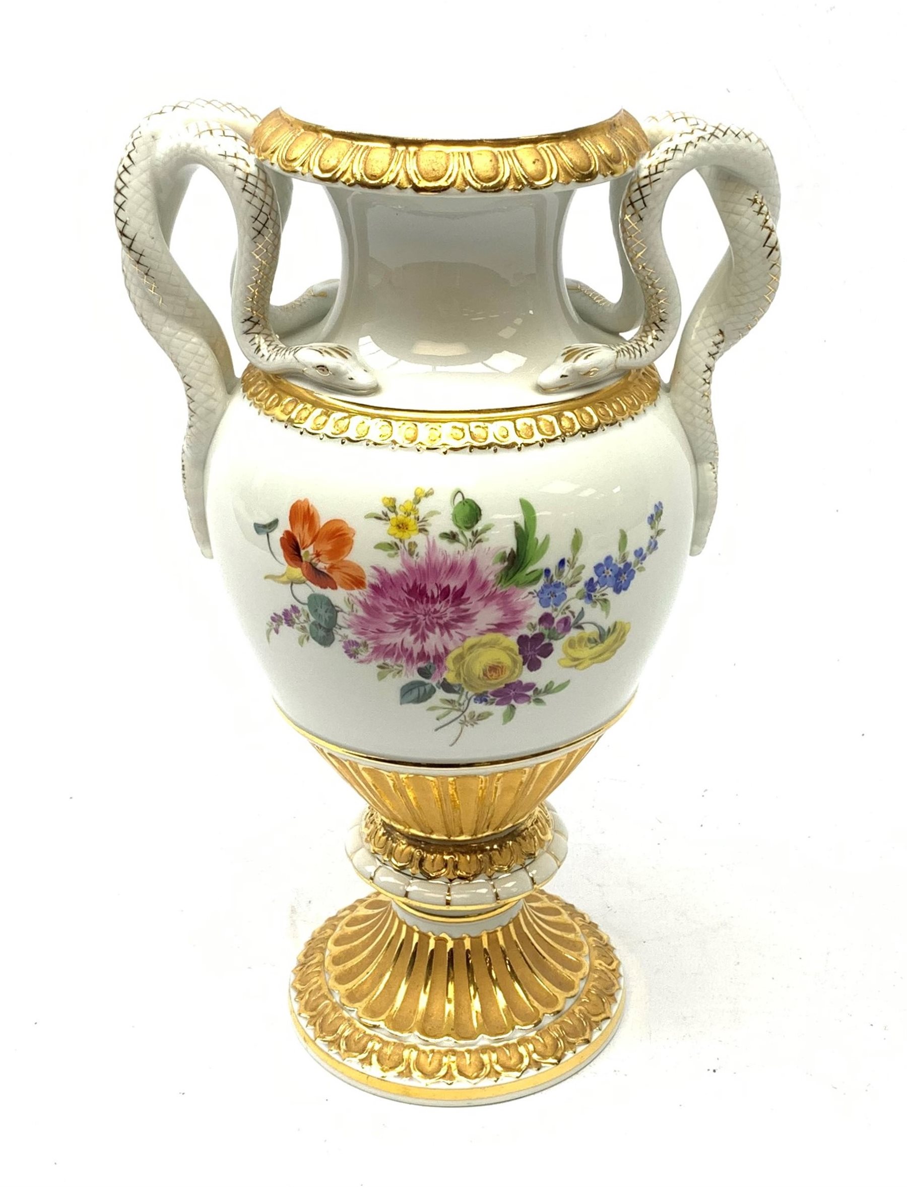 A Meissen twin handled vase, of baluster form with waisted neck, serpent modelled handles, and rais - Image 2 of 14