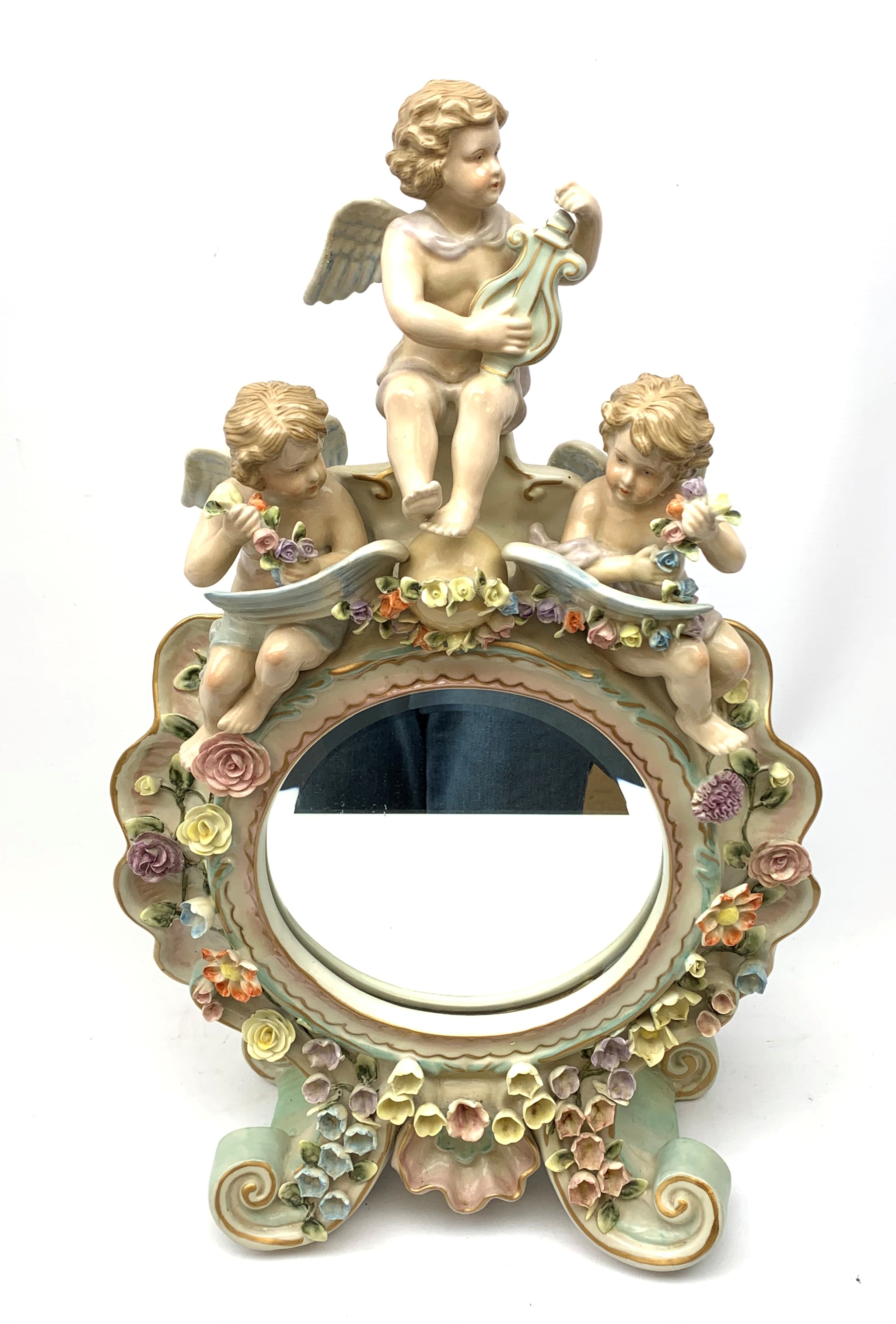 A late 19th century Sitzendorf porcelain mirror, the mirror plate of circular form set within a sha - Image 3 of 13