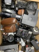 A large group of assorted cameras, to include an Ilford Sportsman 300, a Praktica Super TL2, a Koni