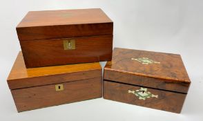 A 19th century figured walnut box, with inset mother of pearl and abalone detail, H13cm L27cm, toge