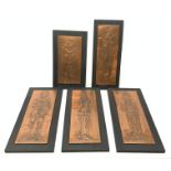 Five embossed copper plaques of rectangular form decorated with medieval knights, mounted upon ebons