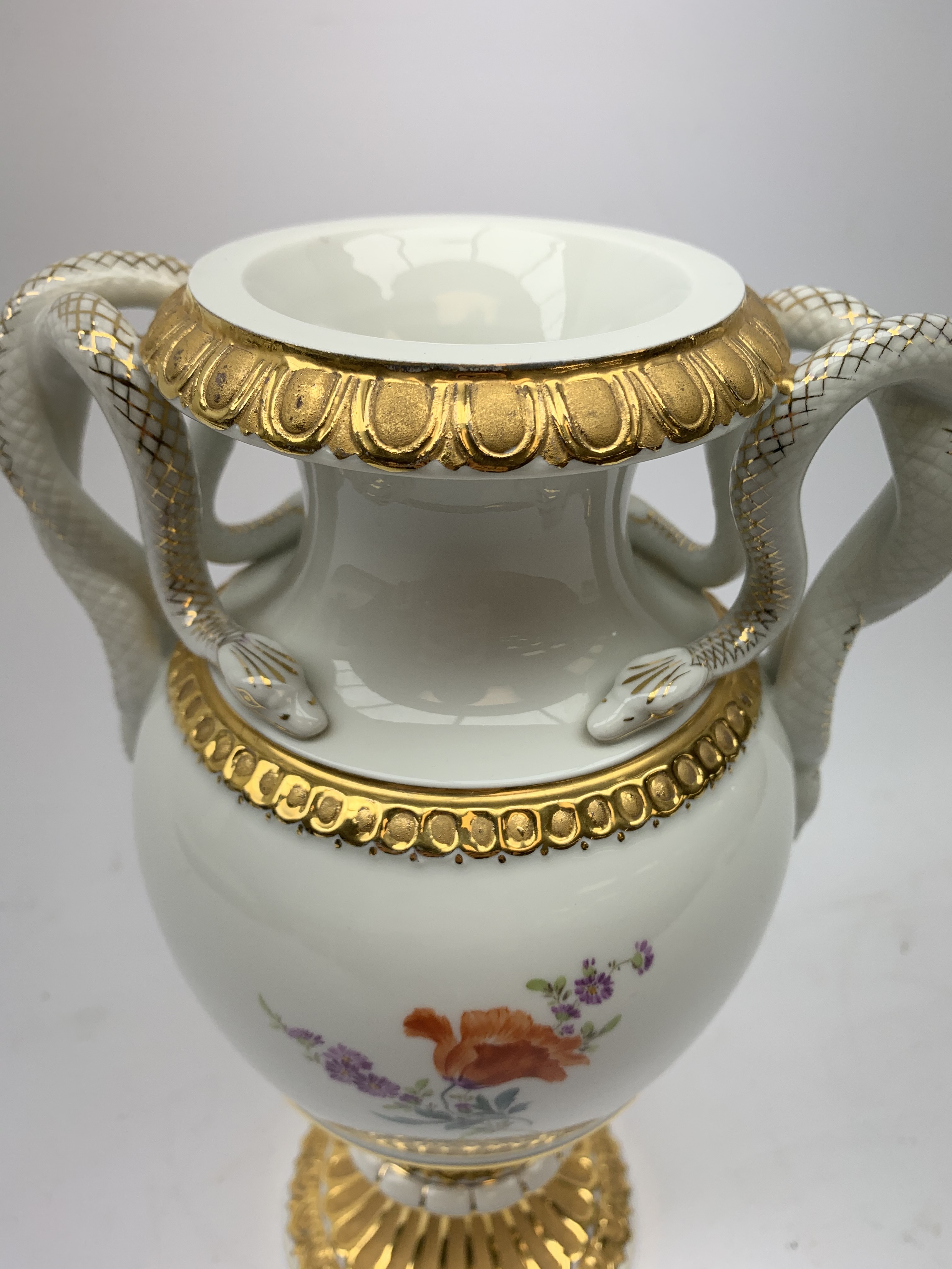 A Meissen twin handled vase, of baluster form with waisted neck, serpent modelled handles, and rais - Image 13 of 14