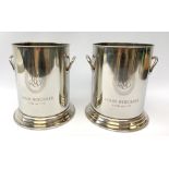 A pair of Lois Roederer champagne buckets, of cylindrical form with twin handled, marked Lois Roede