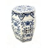 A Chinese blue and white garden seat, of hexagonal barrel form, decorated with stylised flowers, H48
