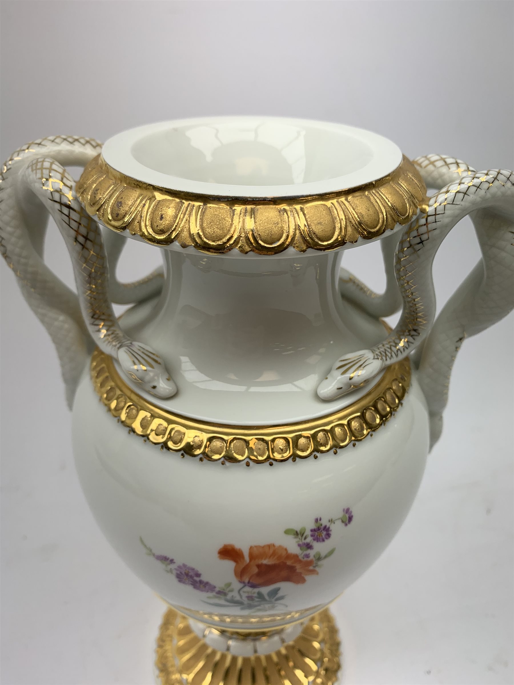 A Meissen twin handled vase, of baluster form with waisted neck, serpent modelled handles, and rais - Image 7 of 14