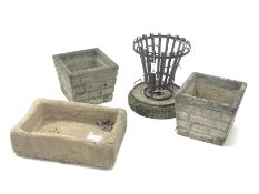 Pair square composite stone brick effect planters (36cm x 36cm, H30cm), a composite stone trough an