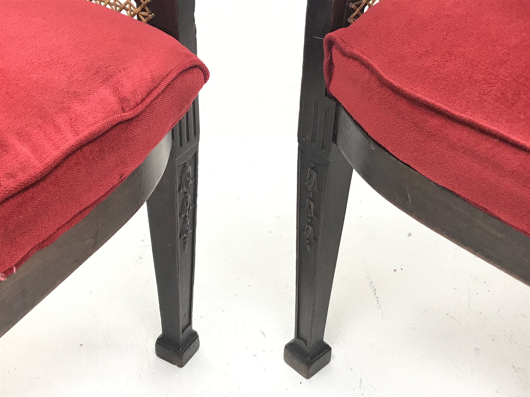 Pair Early 20th century Georgian style mahogany bergere armchairs, square tapering supports carved w - Image 6 of 6