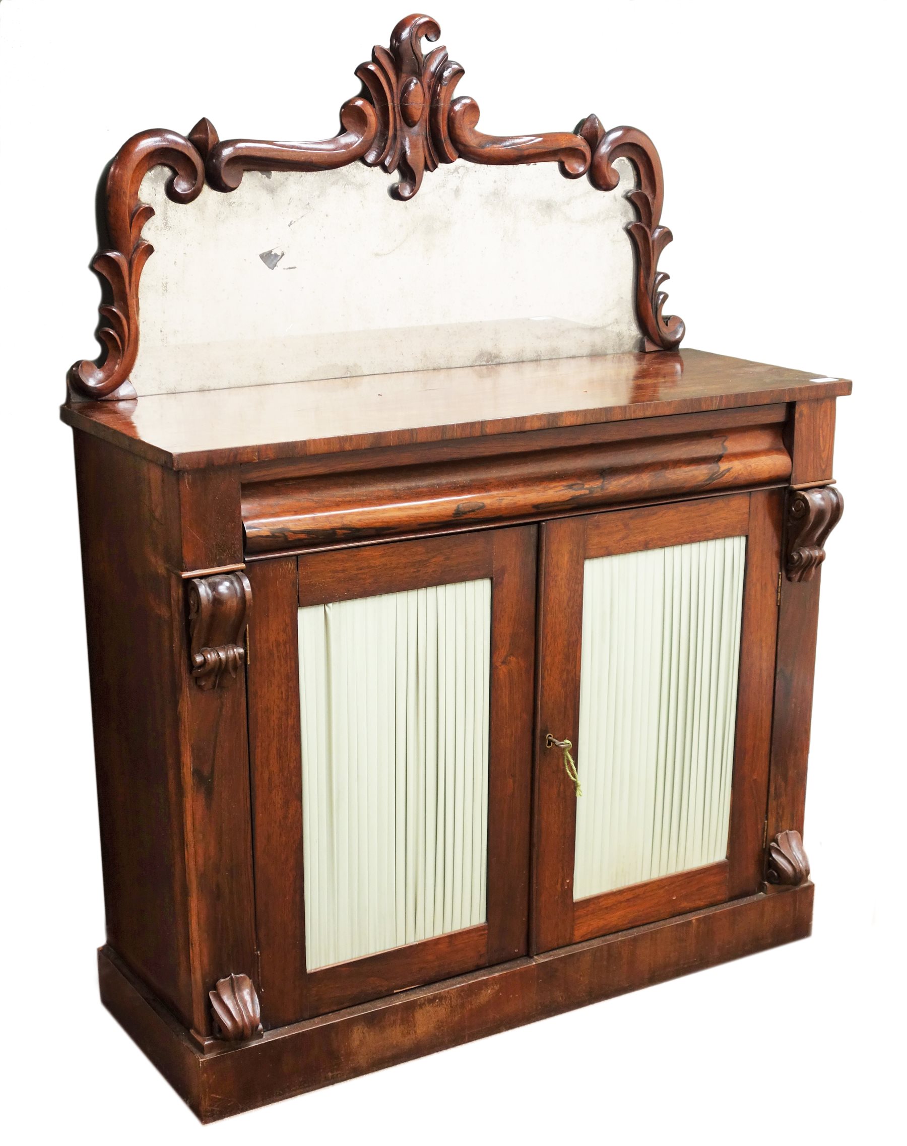 19th century rosewood Chiffonier raised mirror back, single frieze drawer above two doors with pleat