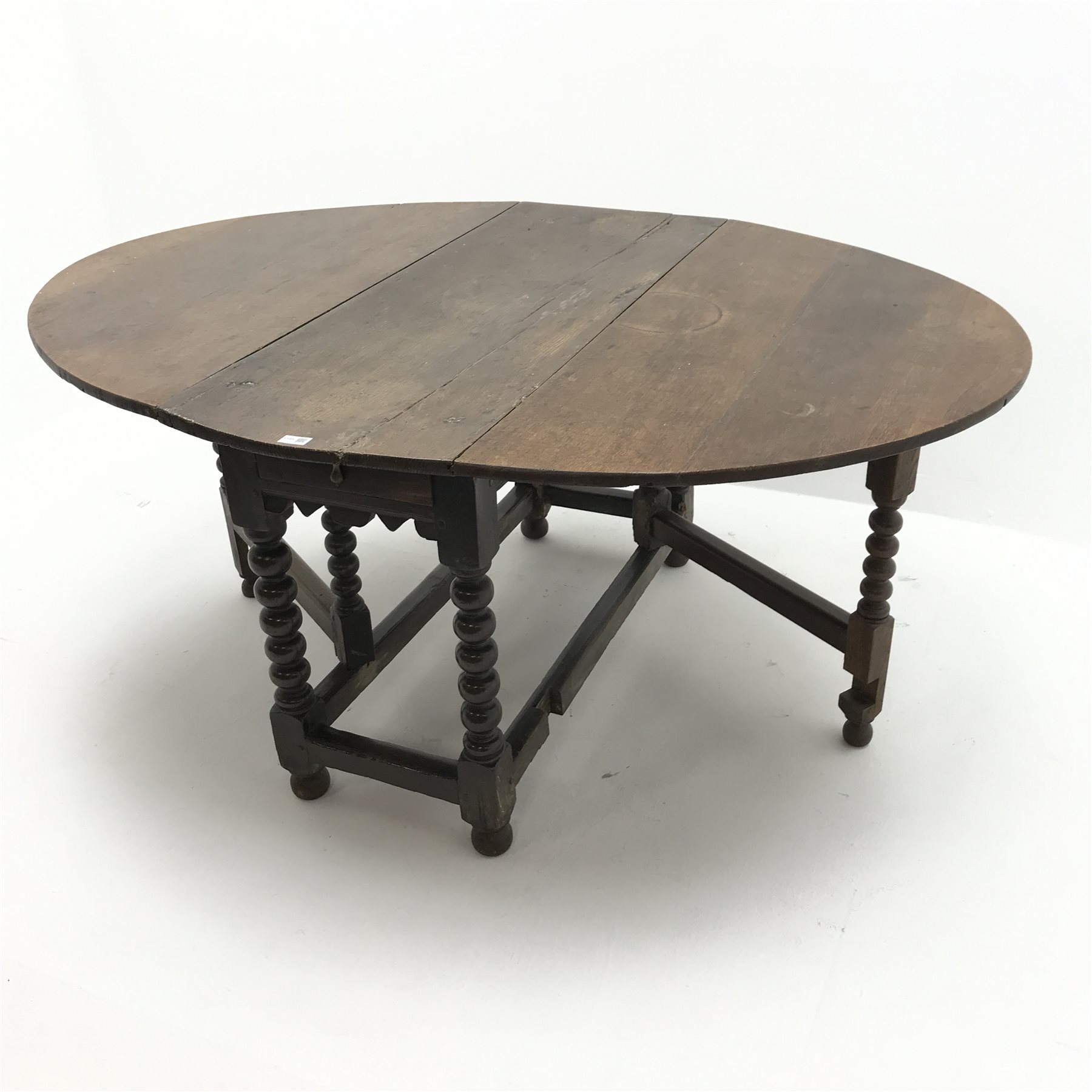 18th century oval oak drop leaf table, bobbin supports, gate leg action, W162cm72cm, D119cm - Image 2 of 8