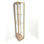 Illuminated tall floor standing beech finish display cabinet with adjustable glass shelves 32cm x 32