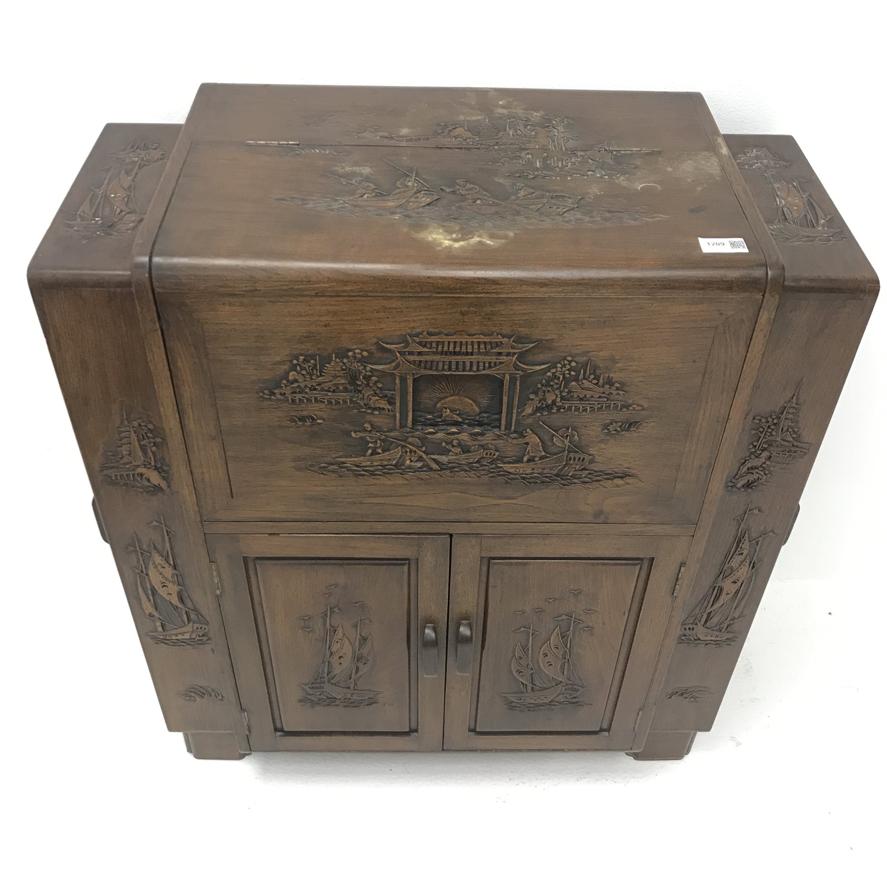 Eastern carved rosewood cocktail cabinet, double hinged lid enclosing mirrored back, four cupboard - Image 2 of 6