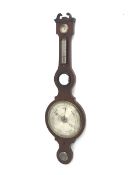 Early 19th century mahogany five dial banjo barometer, swan neck pediment above damp/dry dial and th