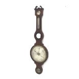 Early 19th century mahogany five dial banjo barometer, swan neck pediment above damp/dry dial and th