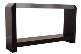 Black stained oak console table, canted corners, black glass top with chrome frame, solid end suppor