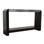 Black stained oak console table, canted corners, black glass top with chrome frame, solid end suppor