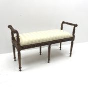 Regency style mahogany window bench seat, carved scrolled arms, six turned and fluted supports, W11