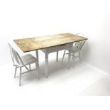 Late Victorian pine drawer leaf extending dining table on painted base (71cm x 86cm - 160cm (extende