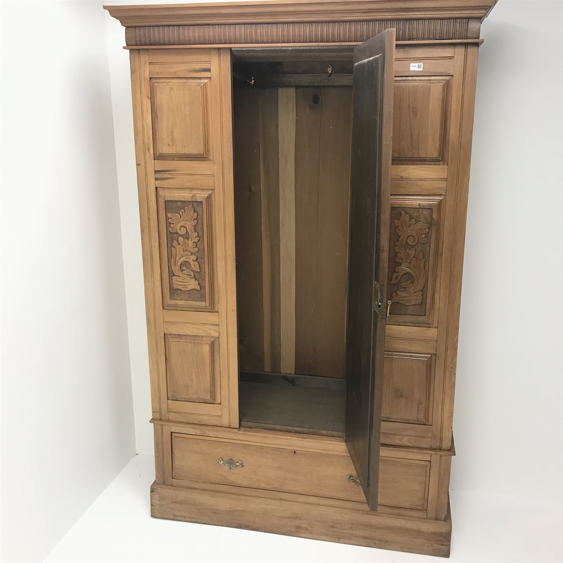 Late Victorian satin walnut wardrobe, projecting cornice, single mirrored door above drawer, plinth - Image 2 of 5