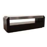 Black stained oak console entertainment unit, canted corners, shelf above single drawer, W130cm, H43