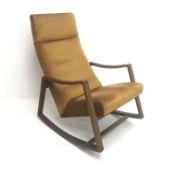 Mid 20th century teak framed rocking chair, upholstered back and seat, W64cm