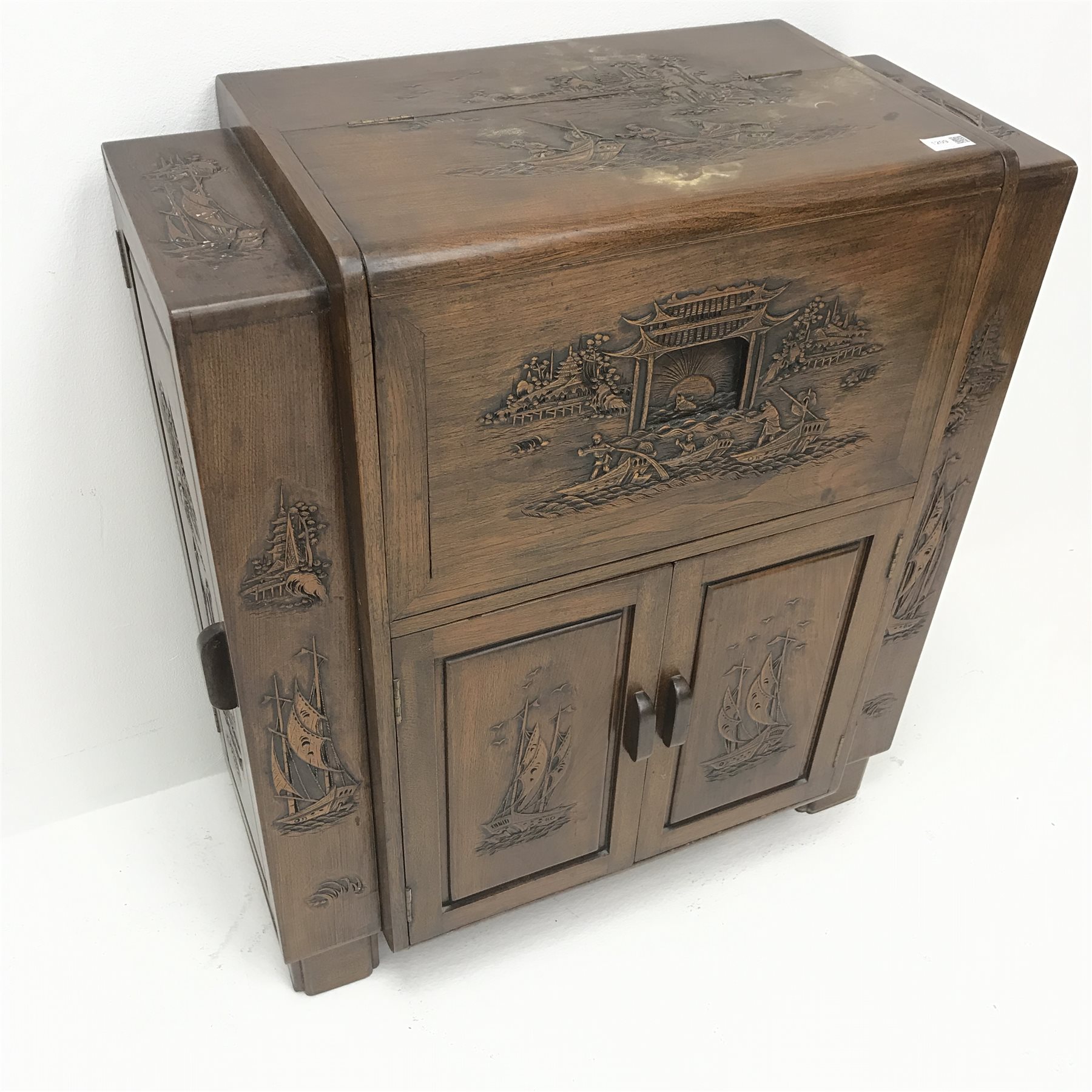 Eastern carved rosewood cocktail cabinet, double hinged lid enclosing mirrored back, four cupboard - Image 3 of 6